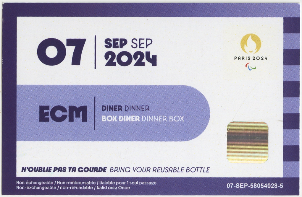 Ticket repas dîner 7 septembre Jeux Paralympiques Paris 2024