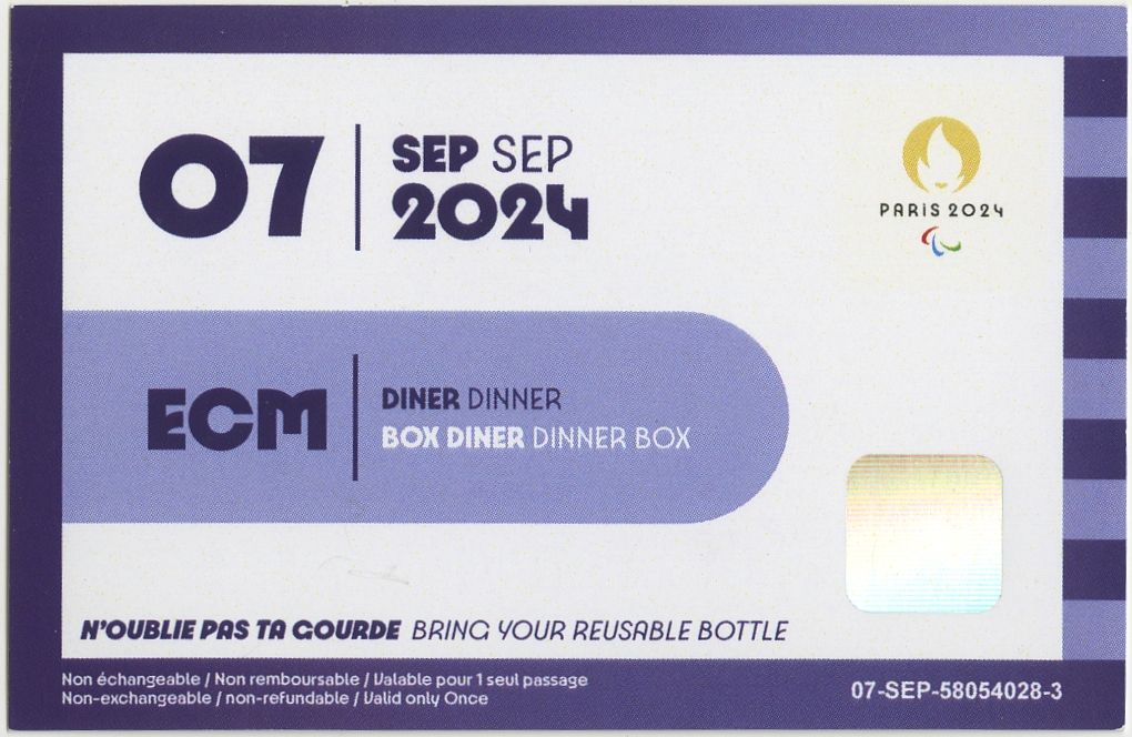 Ticket repas dîner 7 septembre Jeux Paralympiques Paris 2024