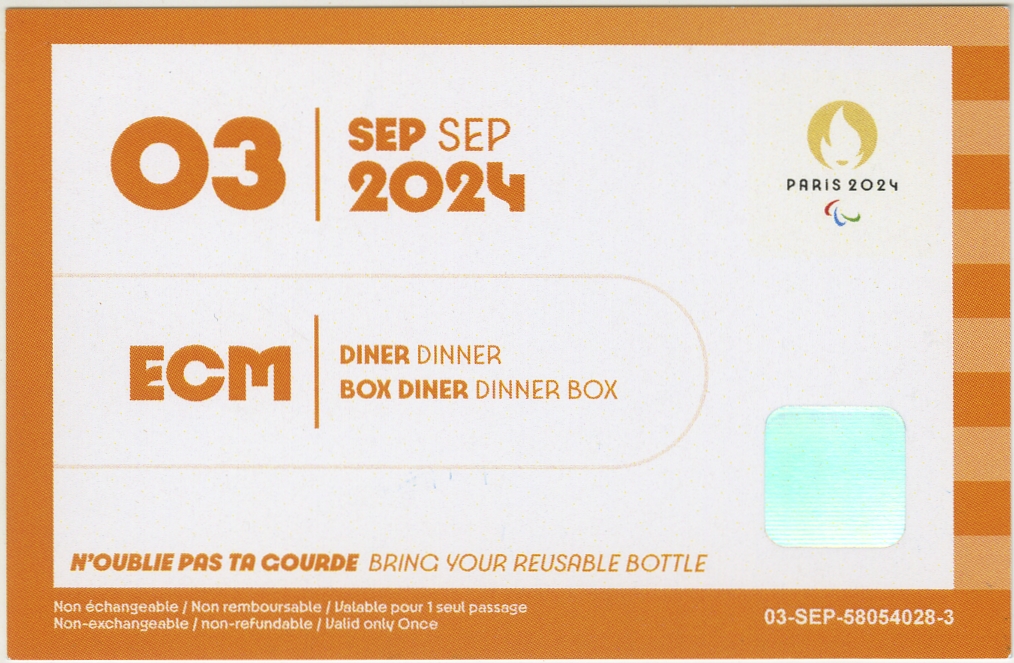 Ticket repas dîner 3 septembre Jeux Paralympiques Paris 2024