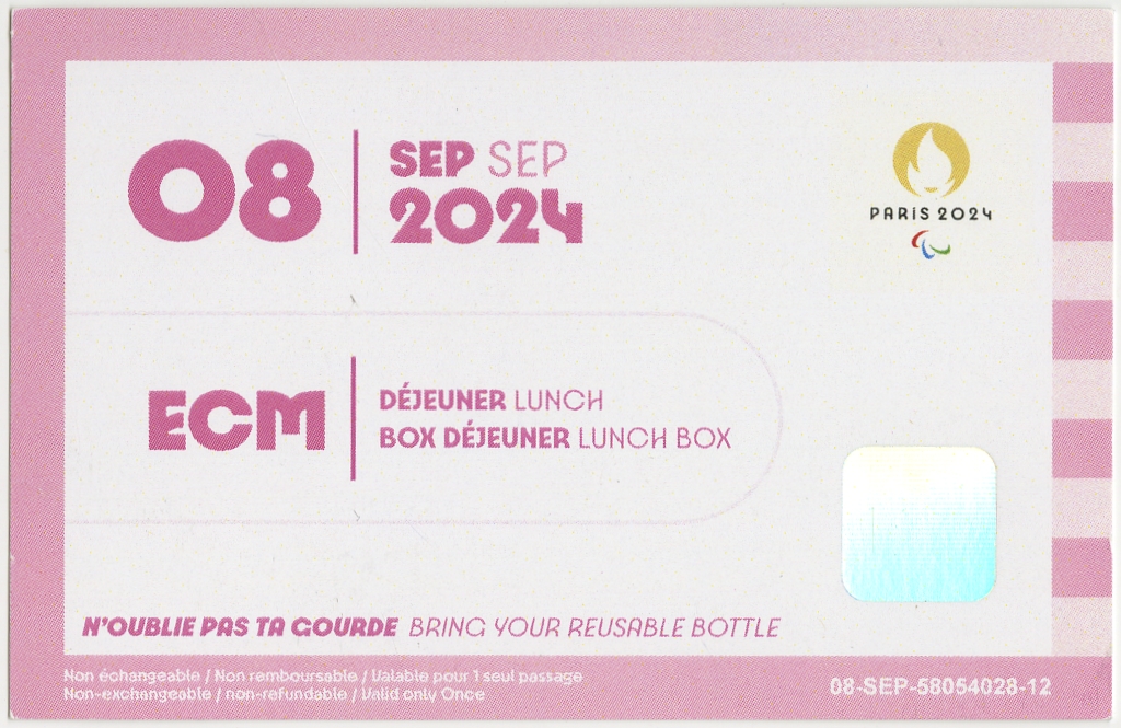 Ticket repas déjeuner 8 septembre Jeux Paralympiques Paris 2024