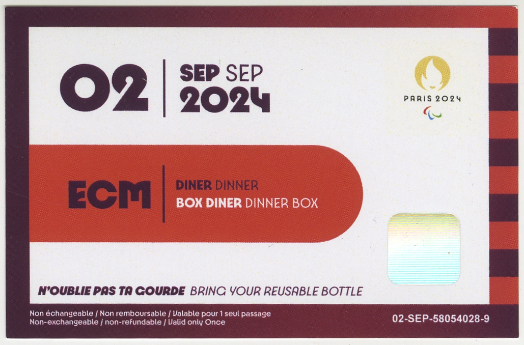 Ticket repas dîner 2 septembre Jeux Paralympiques Paris 2024