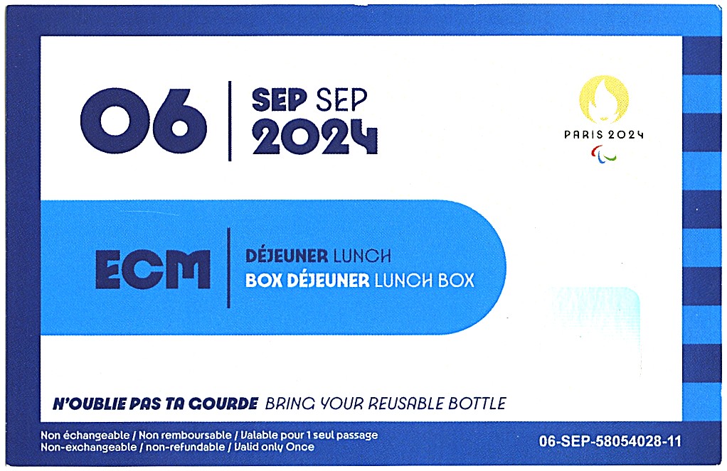 Ticket repas déjeuner 6 septembre Jeux Paralympiques de Paris 2024